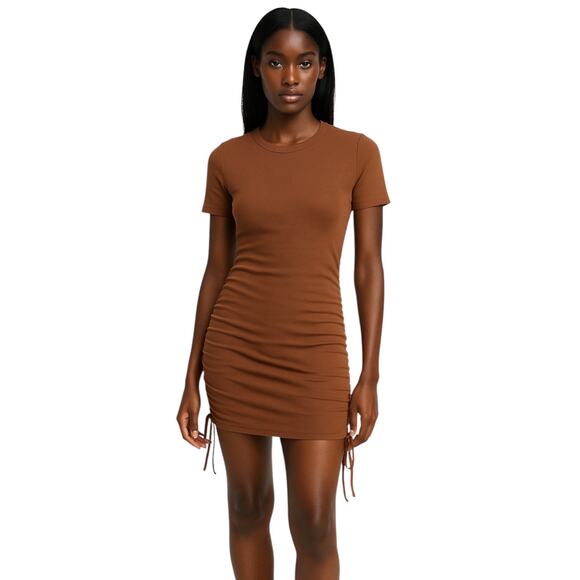 Zara Brown Ribbed Knit Short Sleeve Side Ruched Tie Mini Bodycon Dress Size S - Picture 3 of 12